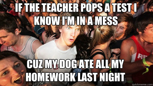 if the teacher pops a test i know i'm in a mess
 Cuz my dog ate all my homework last night  Sudden Clarity Clarence