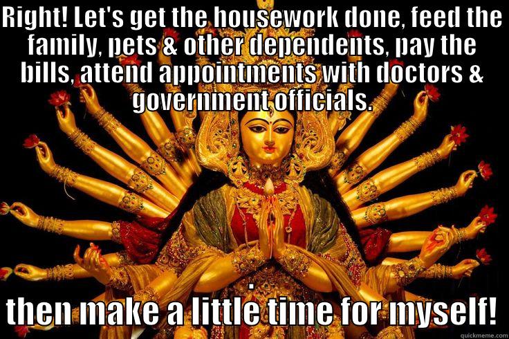 RIGHT! LET'S GET THE HOUSEWORK DONE, FEED THE FAMILY, PETS & OTHER DEPENDENTS, PAY THE BILLS, ATTEND APPOINTMENTS WITH DOCTORS & GOVERNMENT OFFICIALS. . THEN MAKE A LITTLE TIME FOR MYSELF! Misc