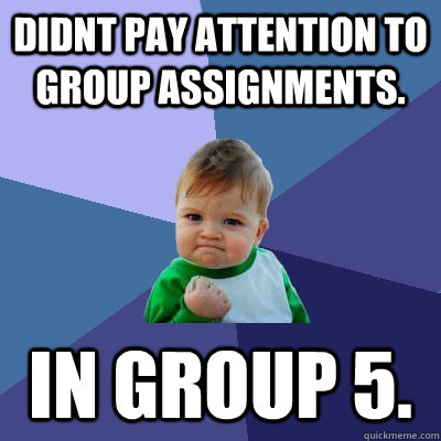 Didnt pay attention to group assignments. in group 5.  Success Kid