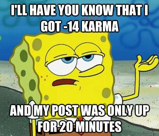 I'll have you know that I got -14 karma and my post was only up for 20 minutes  Tough Spongebob