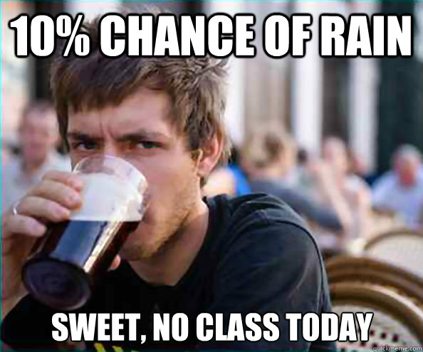 10% chance of rain Sweet, no class today  Lazy College Senior