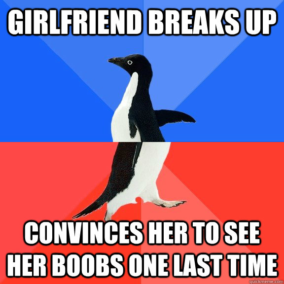 girlfriend breaks up convinces her to see her boobs one last time  Socially Awkward Awesome Penguin