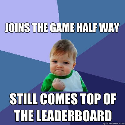 Joins the game half way Still comes top of the leaderboard  Success Baby