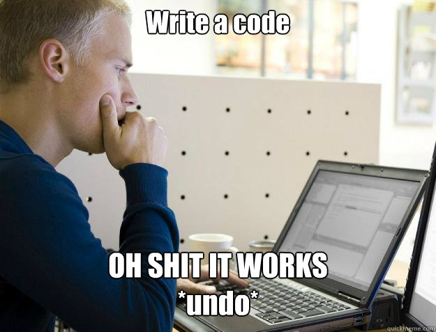 Write a code OH SHIT IT WORKS
*undo*  Programmer