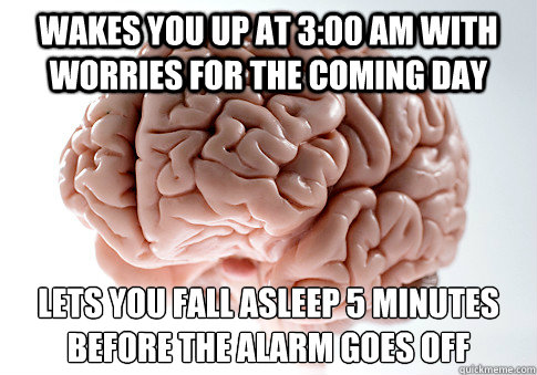 Wakes you up at 3:00 AM with worries for the coming day Lets you fall asleep 5 minutes before the alarm goes off - Wakes you up at 3:00 AM with worries for the coming day Lets you fall asleep 5 minutes before the alarm goes off  Scumbag Brain