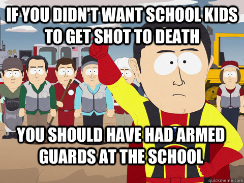 if you didn't want school kids to get shot to death you should have had armed guards at the school  Captain Hindsight