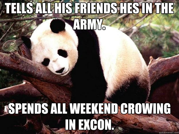 Tells all his friends hes in the Army. Spends all weekend crowing in Excon.  Procrastination Panda