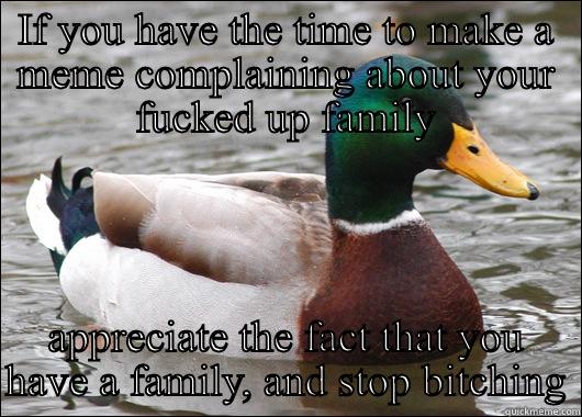 IF YOU HAVE THE TIME TO MAKE A MEME COMPLAINING ABOUT YOUR FUCKED UP FAMILY APPRECIATE THE FACT THAT YOU HAVE A FAMILY, AND STOP BITCHING Actual Advice Mallard