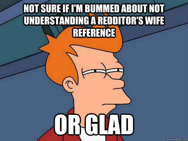 Not sure if i'm bummed about not understanding a redditor's wife reference Or glad  Futurama Fry