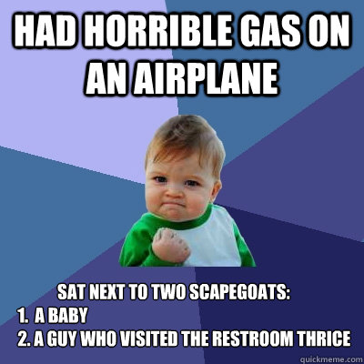 Had horrible gas on an airplane               sat next to two scapegoats:
  1.  a baby
  2. a guy who visited the restroom thrice - Had horrible gas on an airplane               sat next to two scapegoats:
  1.  a baby
  2. a guy who visited the restroom thrice  Success Kid