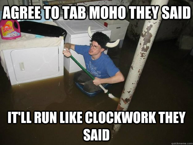 Agree to tab Moho they said It'll run like clockwork they said  Do the laundry they said