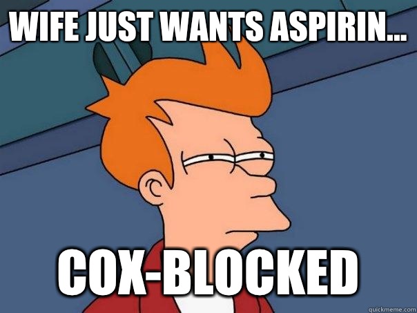 Wife just wants aspirin... COX-BLOCKED  Futurama Fry