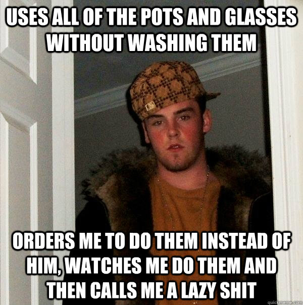 uses all of the pots and glasses without washing them orders me to do them instead of him, watches me do them and then calls me a lazy shit  Scumbag Steve