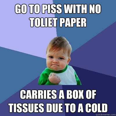 go to piss with no toliet paper carries a box of tissues due to a cold  Success Kid