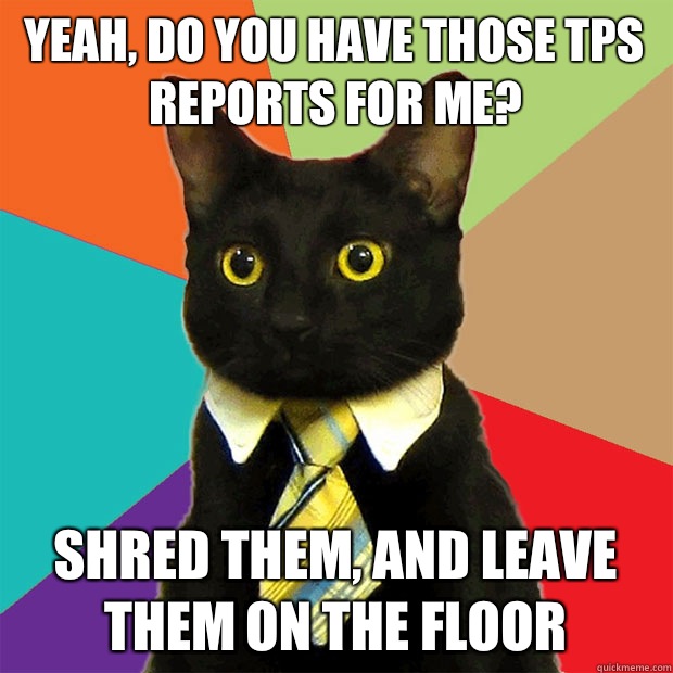 Yeah, do you have those TPS reports for me? Shred them, and leave them on the floor  Business Cat