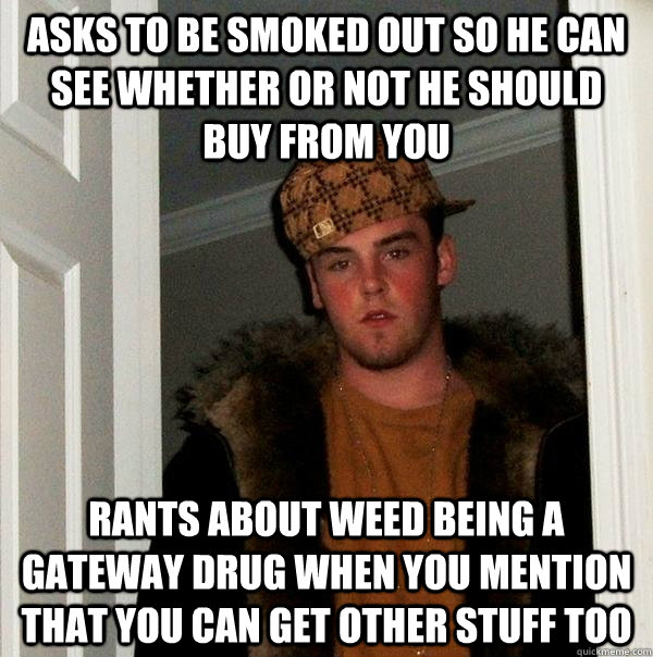 Asks to be smoked out so he can see whether or not he should buy from you rants about weed being a gateway drug when you mention that you can get other stuff too  Scumbag Steve