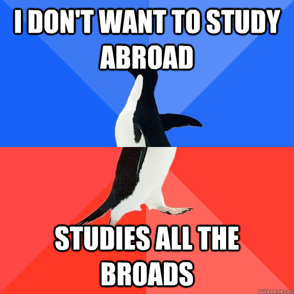 I don't want to study abroad Studies all the broads  Socially Awkward Awesome Penguin