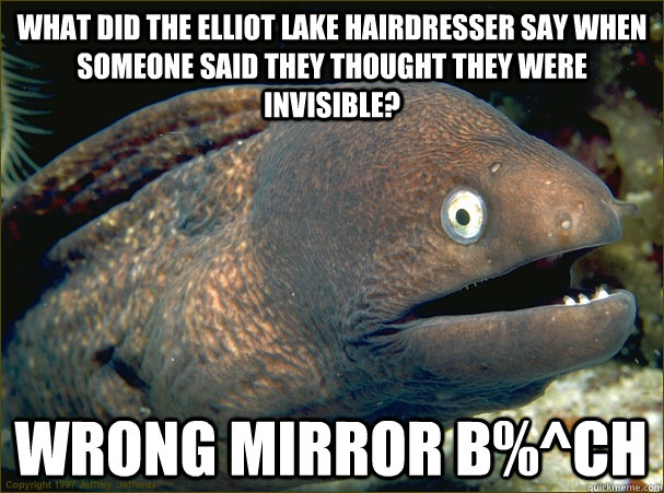 What did the Elliot Lake Hairdresser say when someone said they thought they were invisible? Wrong Mirror B%^CH - What did the Elliot Lake Hairdresser say when someone said they thought they were invisible? Wrong Mirror B%^CH  Bad Joke Eel