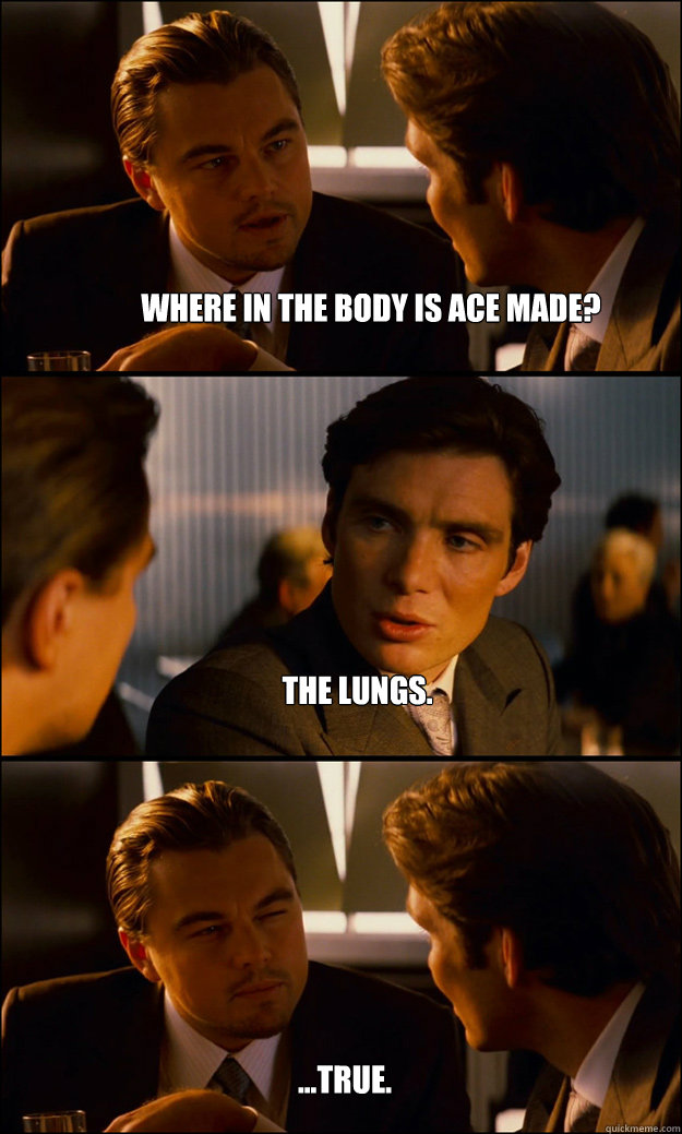 Where in the body is ACE made? The lungs. ...true.  Inception