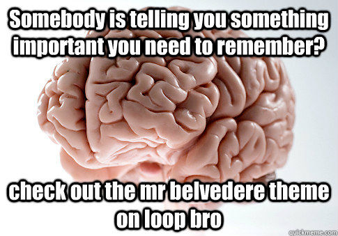 Somebody is telling you something important you need to remember? check out the mr belvedere theme on loop bro  Scumbag Brain