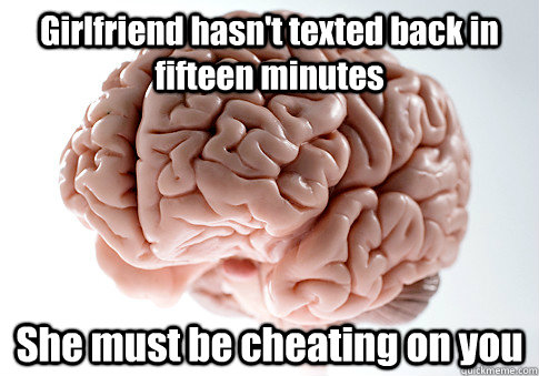 Girlfriend hasn't texted back in fifteen minutes She must be cheating on you  Scumbag Brain