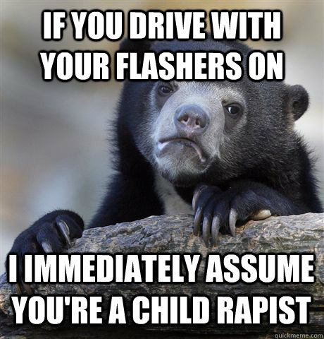 IF YOU DRIVE WITH YOUR FLASHERS ON I IMMEDIATELY ASSUME YOU'RE A CHILD RAPIST  Confession Bear