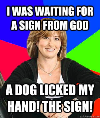 I was waiting for a sign from god A dog licked my hand! The sign!  Sheltering Suburban Mom