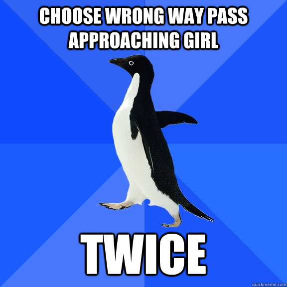 choose wrong way pass approaching girl twice  Socially Awkward Penguin