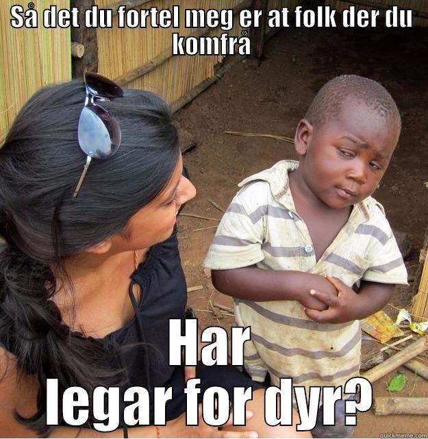 SÅ DET DU FORTEL MEG ER AT FOLK DER DU KOMFRÅ HAR LEGAR FOR DYR? Skeptical Third World Kid