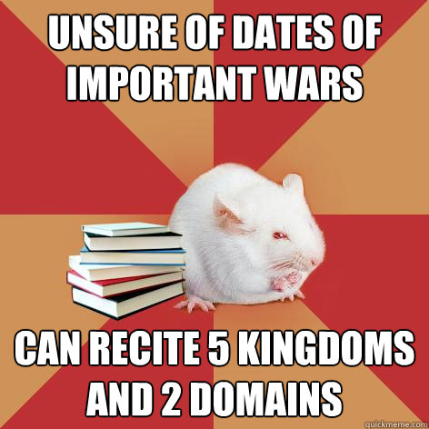 UNSURE OF DATES OF IMPORTANT WARS CAN RECITE 5 KINGDOMS AND 2 DOMAINS   Science Major Mouse