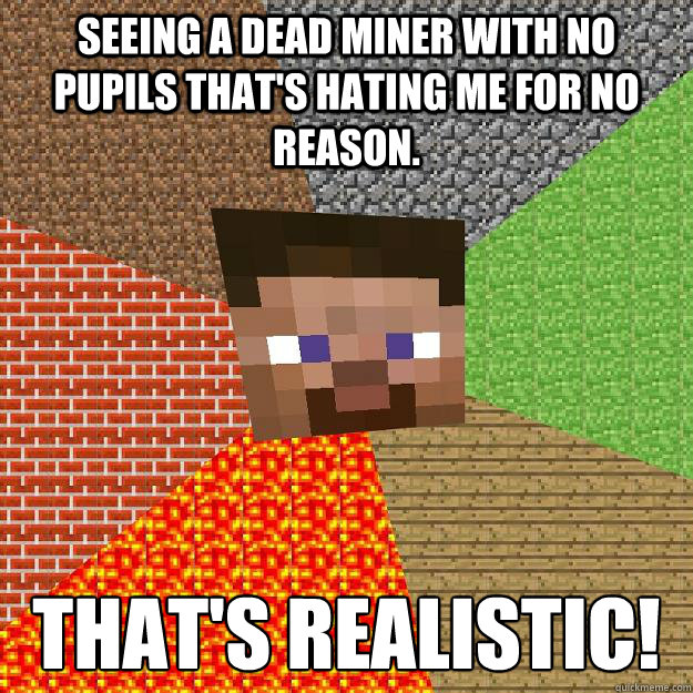 Seeing a dead miner with no pupils that's hating me for no reason. THAT'S REALISTIC!  Minecraft