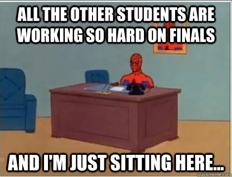 all the other students are working so hard on finals and i'm just sitting here...  Spiderman Desk