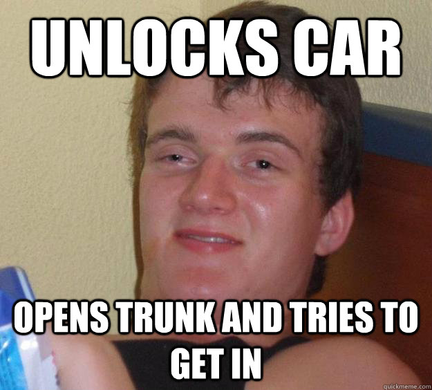 Unlocks car opens trunk and tries to get in  10 Guy