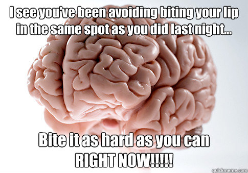 I see you've been avoiding biting your lip in the same spot as you did last night... Bite it as hard as you can                     RIGHT NOW!!!!!   Scumbag Brain