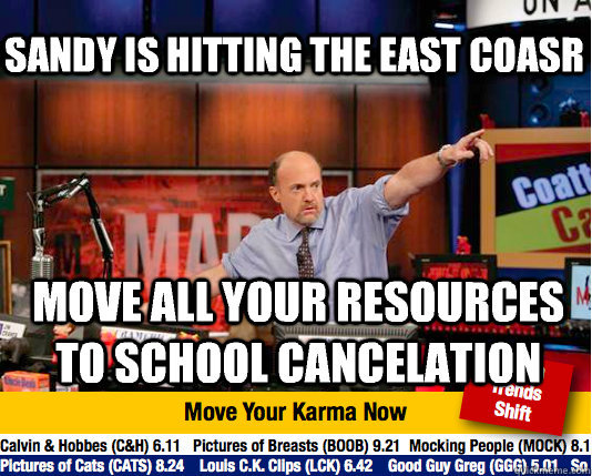 Sandy is hitting the east coasr Move all your resources to school cancelation  Mad Karma with Jim Cramer