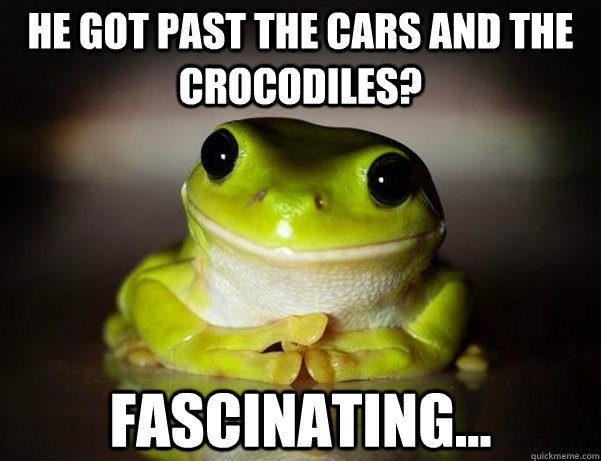 He got past the cars and the crocodiles? Fascinating...  Fascinated Frog