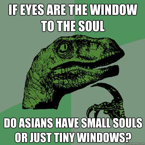 If eyes are the window to the soul Do Asians have small souls or just tiny windows? - If eyes are the window to the soul Do Asians have small souls or just tiny windows?  Philosoraptor