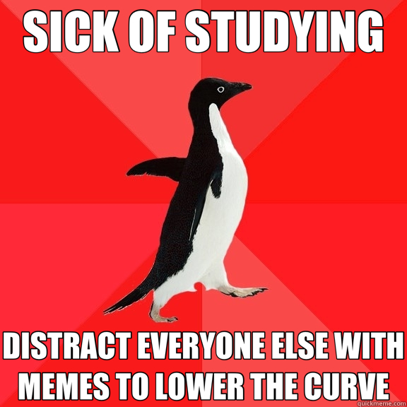 SICK OF STUDYING DISTRACT EVERYONE ELSE WITH MEMES TO LOWER THE CURVE  Socially Awesome Penguin