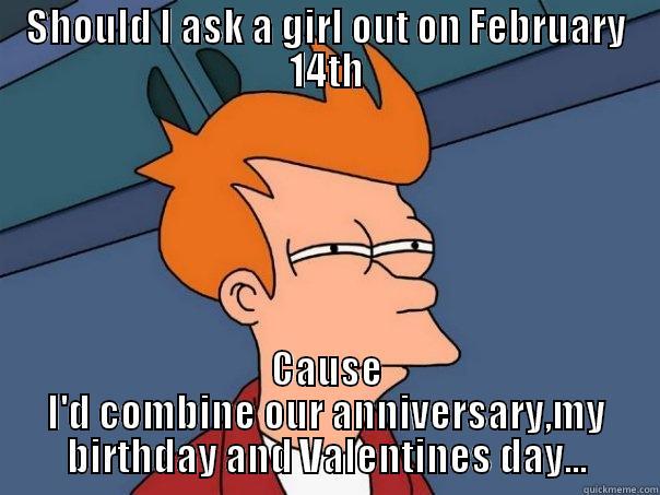 Not sure... - SHOULD I ASK A GIRL OUT ON FEBRUARY 14TH CAUSE I'D COMBINE OUR ANNIVERSARY,MY BIRTHDAY AND VALENTINES DAY... Futurama Fry