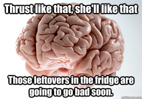 Thrust like that, she'll like that Those leftovers in the fridge are going to go bad soon.  - Thrust like that, she'll like that Those leftovers in the fridge are going to go bad soon.   Scumbag Brain