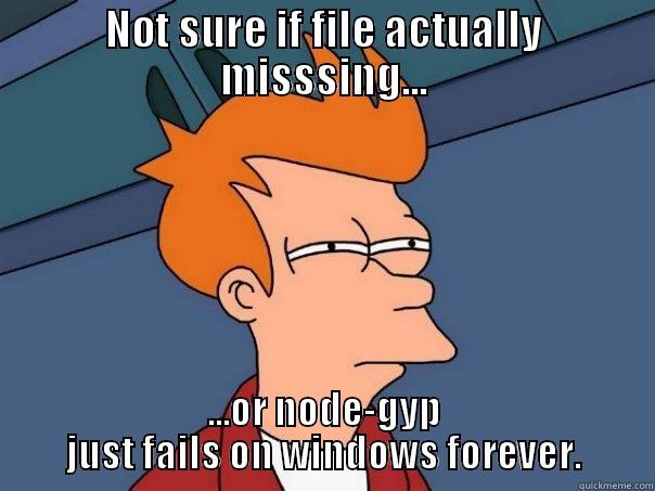 NOT SURE IF FILE ACTUALLY MISSSING... ...OR NODE-GYP JUST FAILS ON WINDOWS FOREVER. Futurama Fry