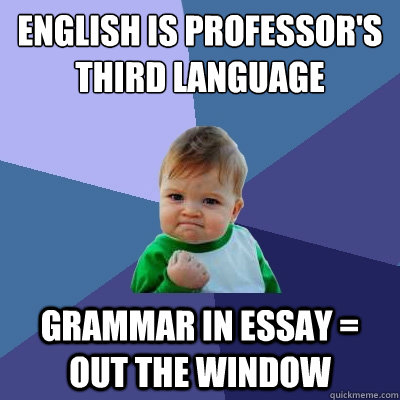 English is professor's third language Grammar in essay = out the window  Success Kid