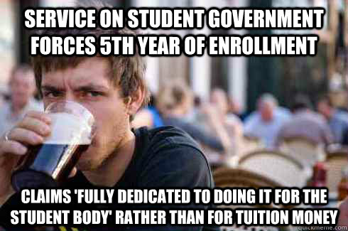 Service on student government forces 5th year of enrollment Claims 'fully dedicated to doing it for the student body' rather than for tuition money - Service on student government forces 5th year of enrollment Claims 'fully dedicated to doing it for the student body' rather than for tuition money  Lazy College Senior