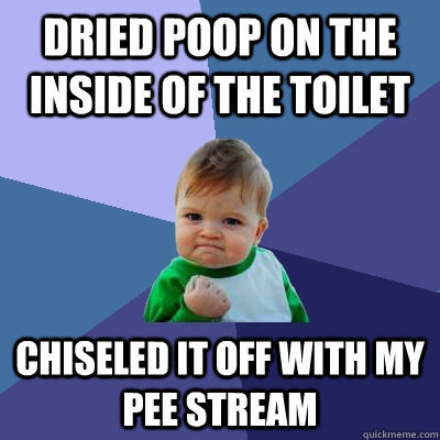 Dried poop on the inside of the toilet chiseled it off with my pee stream  - Dried poop on the inside of the toilet chiseled it off with my pee stream   Success Kid