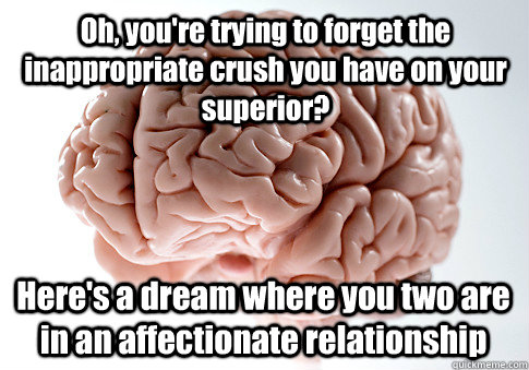 Oh, you're trying to forget the inappropriate crush you have on your superior? Here's a dream where you two are in an affectionate relationship  Scumbag Brain