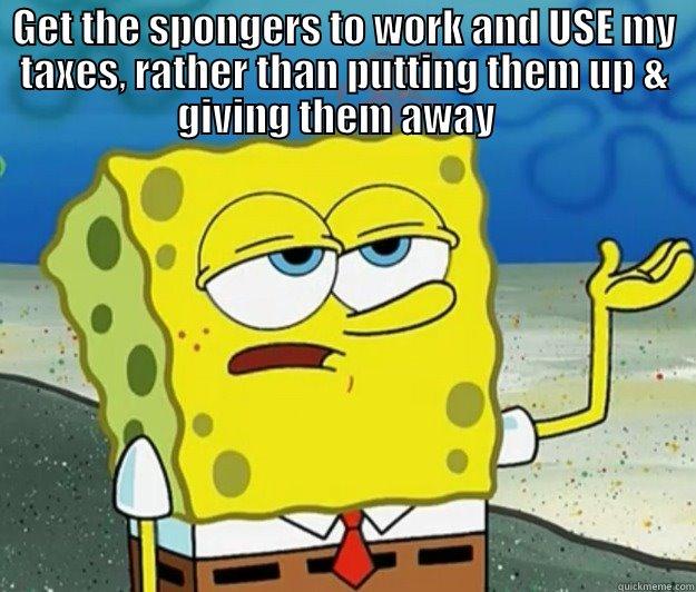 GET THE SPONGERS TO WORK AND USE MY TAXES, RATHER THAN PUTTING THEM UP & GIVING THEM AWAY    Tough Spongebob