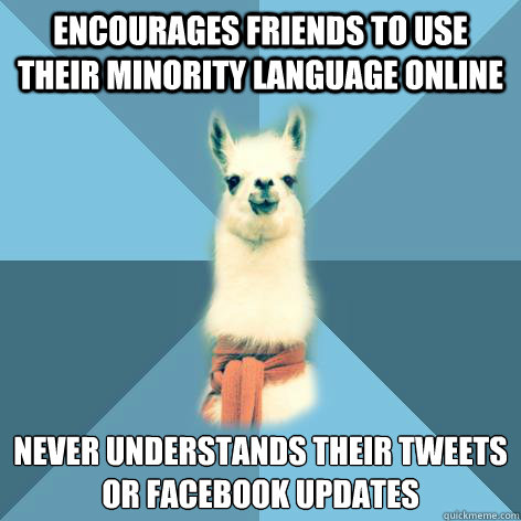 encourages friends to use their minority language online never understands their tweets or facebook updates  Linguist Llama