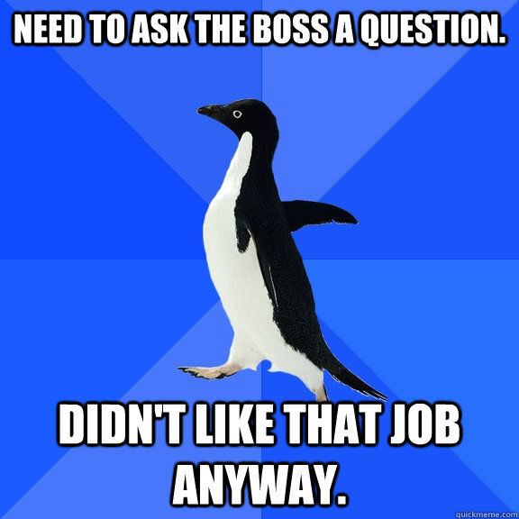 Need to ask the boss a question. Didn't like that job anyway. - Need to ask the boss a question. Didn't like that job anyway.  Socially Awkward Penguin