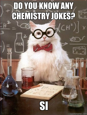 Do you know any chemistry jokes? Si  Chemistry Cat