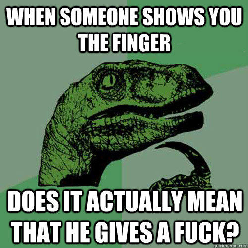 when someone shows you the finger does it actually mean that he gives a fuck? - when someone shows you the finger does it actually mean that he gives a fuck?  Philosoraptor